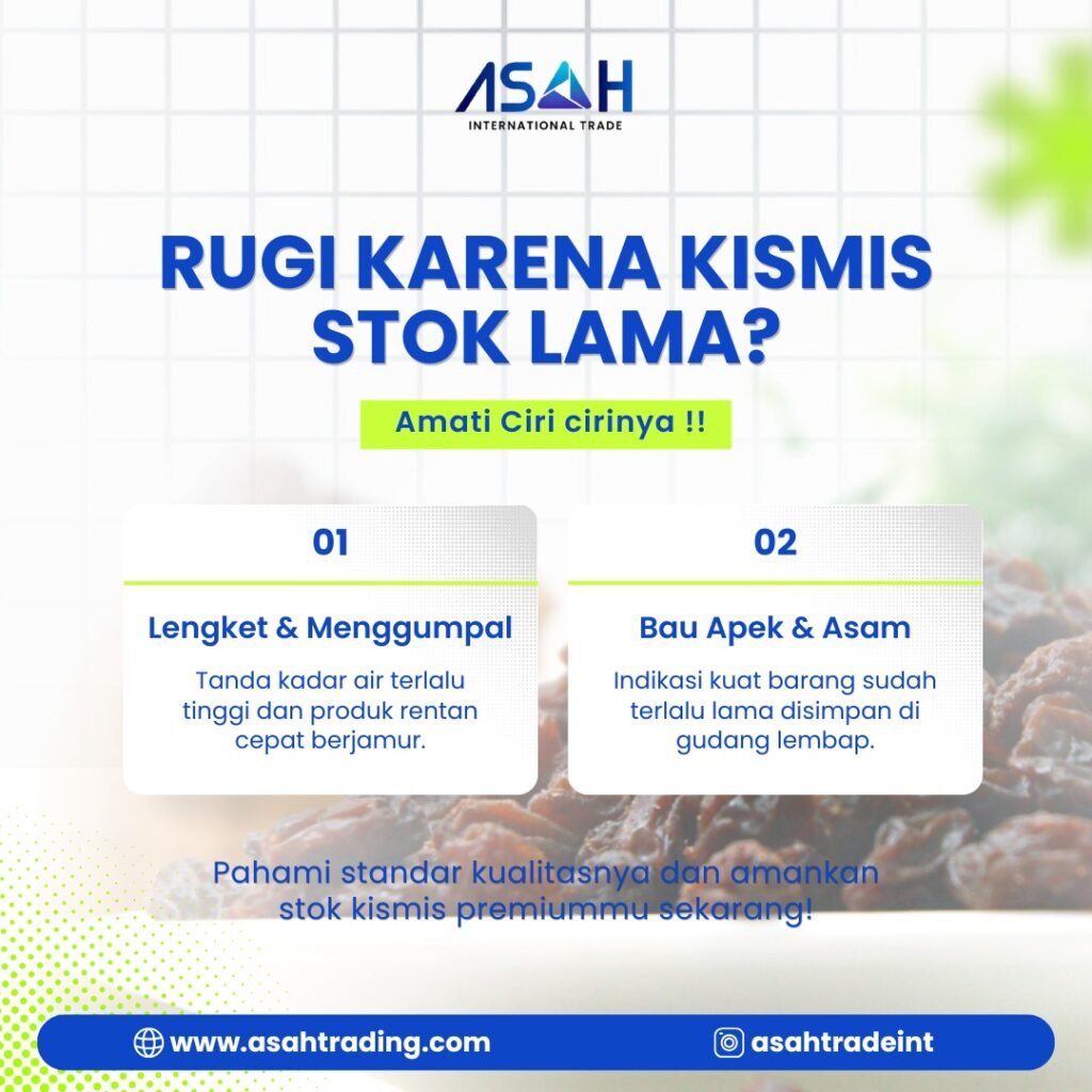 Ciri kismis stok lama dengan tekstur lengket, menggumpal, dan bau apek sebagai tanda kualitas produk menurun.
